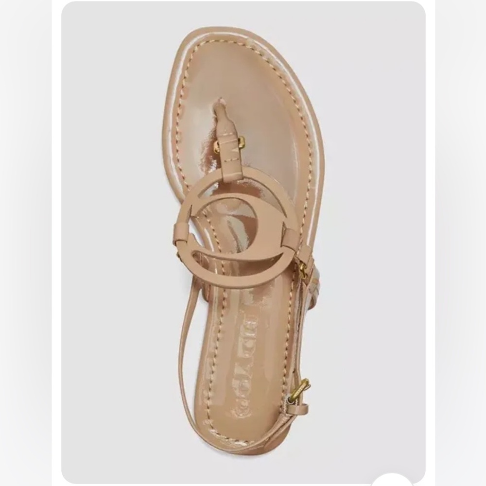 Coach Patent Leather Jaci Logo Sandals Women's Flat Thong Tan Beige size 7
